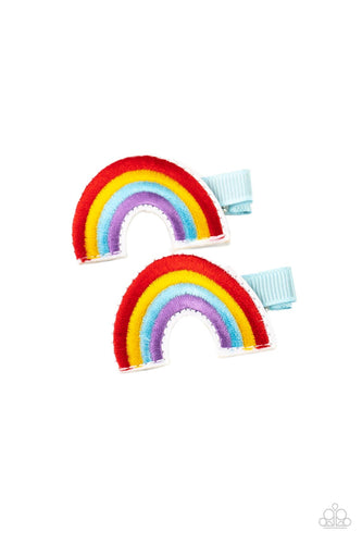 Red, yellow, blue, and purple threaded rows arc into a magical pair of rainbows. Each rainbow features a standard duck bill hair clip on the back.