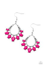 Load image into Gallery viewer, Featuring studded pronged fittings, faceted Fuchsia Fedora teardrop beads flare out from the bottom of an airy silver teardrop frame for a vivacious pop of color. Earring attaches to a standard fishhook fitting. 
