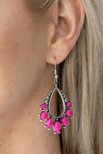 Load image into Gallery viewer, Featuring studded pronged fittings, faceted Fuchsia Fedora teardrop beads flare out from the bottom of an airy silver teardrop frame for a vivacious pop of color. Earring attaches to a standard fishhook fitting. 
