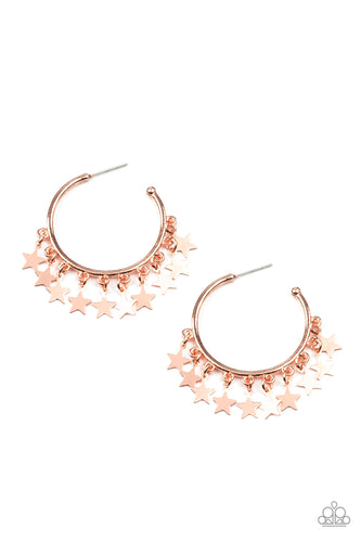 A collection of shiny copper star charms trickles from the bottom of a shiny copper hoop, creating a stellar fringe. Earring attaches to a standard post fitting. Hoop measures approximately 1 1/4