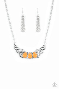 Featuring an opaque iridescence, a row of Marigold teardrop beads are pressed into a studded backdrop of vine-like silver filigree, creating a whimsical centerpiece below the collar. Features an adjustable clasp closure. 