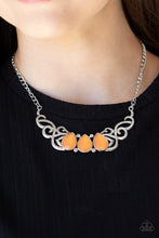 Load image into Gallery viewer, Featuring an opaque iridescence, a row of Marigold teardrop beads are pressed into a studded backdrop of vine-like silver filigree, creating a whimsical centerpiece below the collar. Features an adjustable clasp closure. 
