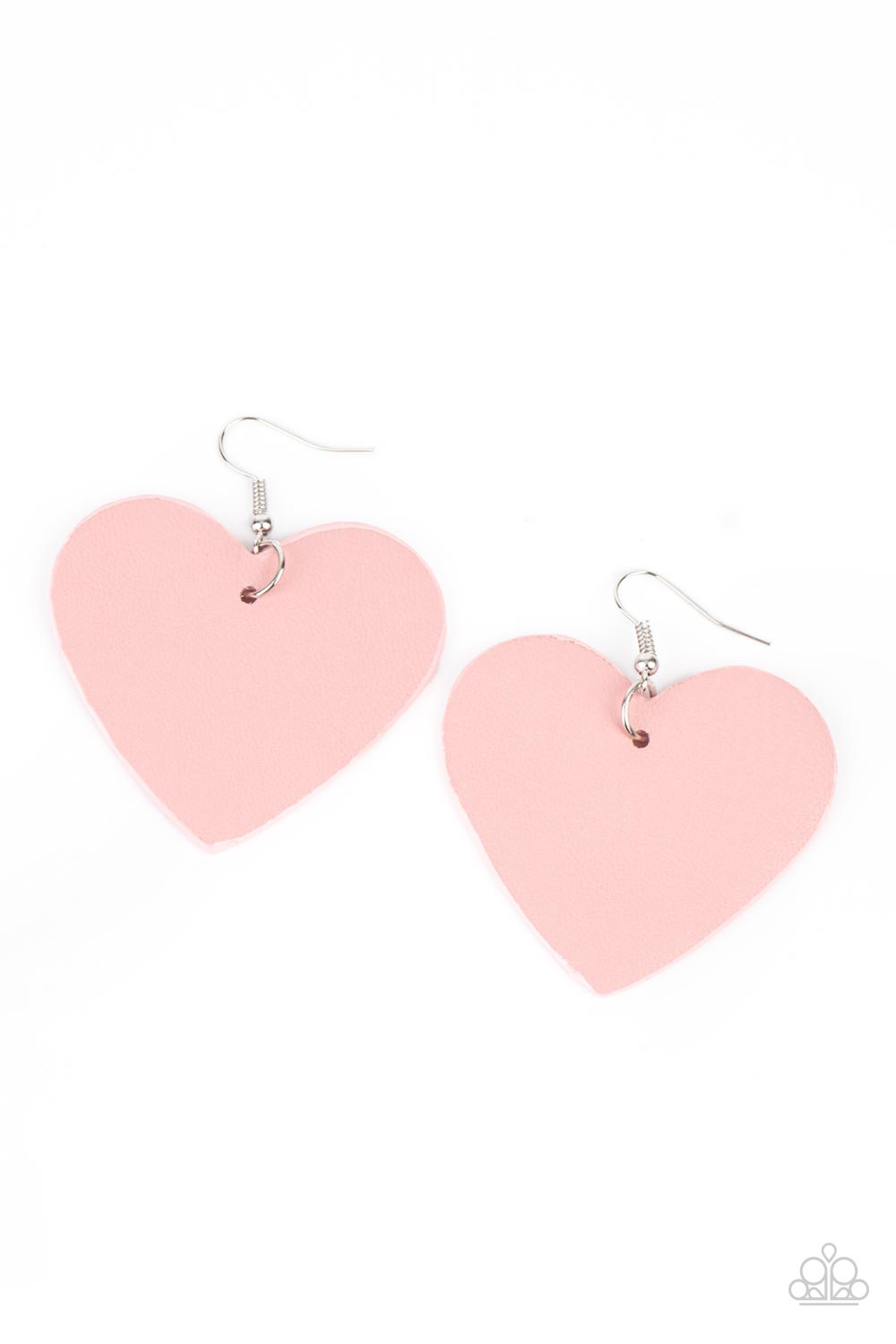 A pink leather heart frame swings from the ear for a flirtatious pop of color. Earring attaches to a standard fishhook fitting. 