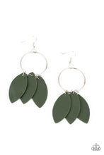 Load image into Gallery viewer, Leafy green leather frames swing from the bottom of a textured silver hoop, creating an earthy fringe. Earring attaches to a standard fishhook fitting. 
