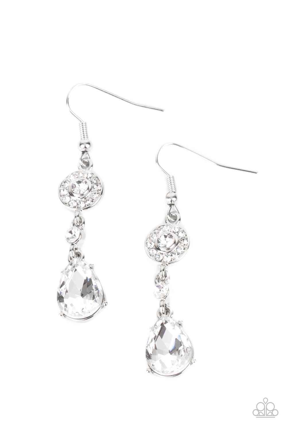 A silver frame dotted in glassy white rhinestones, a solitaire white rhinestone, and an oversized white teardrop gem delicately link into a graceful lure. Earring attaches to a standard fishhook fitting.
