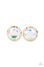 Load image into Gallery viewer, Featuring a flashy faceted finish, an oversized iridescent gem is pressed into a sleek gold fitting for a dramatic pop of dazzle. Earring attaches to a standard post fitting. 
