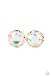 Featuring a flashy faceted finish, an oversized iridescent gem is pressed into a sleek gold fitting for a dramatic pop of dazzle. Earring attaches to a standard post fitting. 