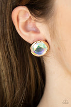 Load image into Gallery viewer, Featuring a flashy faceted finish, an oversized iridescent gem is pressed into a sleek gold fitting for a dramatic pop of dazzle. Earring attaches to a standard post fitting. 
