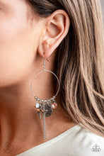 Load image into Gallery viewer, Free-spirited charms, including multicolored gems, a floral medallion, a bird in flight, and a fluttering feather, dangle from a dainty silver ring coalescing into a charming lure. Earring attaches to a standard fishhook fitting.  Sold as one pair of earrings.  New Kit Fashion Fix
