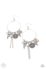 Load image into Gallery viewer, Free-spirited charms, including multicolored gems, a floral medallion, a bird in flight, and a fluttering feather, dangle from a dainty silver ring coalescing into a charming lure. Earring attaches to a standard fishhook fitting.  Sold as one pair of earrings.  New Kit Fashion Fix
