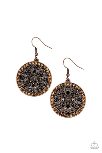 Infused with a border of glittery topaz rhinestones, studded copper heart shape filigree fans out from a decorative copper floral center for a whimsical look. Earring attaches to a standard fishhook fitting.
