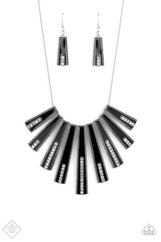 FAN-tascically Deco - Black. Elongated flared frames are painted in a glossy black finish and bordered by studded texture as they fan out along the collar. A row of rhinestones runs up the center of each frame, adding spectacular sparkle to the display as the pieces sway from a round silver chain. Features an adjustable clasp closure. Sold as one individual necklace. Includes one pair of matching earrings.    Available for only $5   To order: Comment Sold  Style #7121