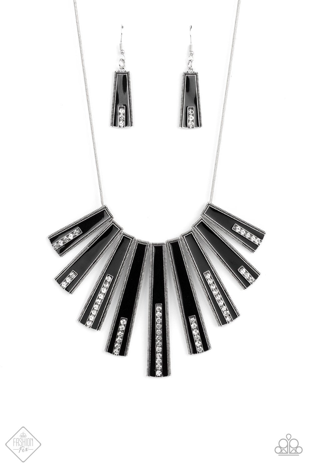 FAN-tascically Deco - Black. Elongated flared frames are painted in a glossy black finish and bordered by studded texture as they fan out along the collar. A row of rhinestones runs up the center of each frame, adding spectacular sparkle to the display as the pieces sway from a round silver chain. Features an adjustable clasp closure. Sold as one individual necklace. Includes one pair of matching earrings.    Available for only $5   To order: Comment Sold  Style #7121