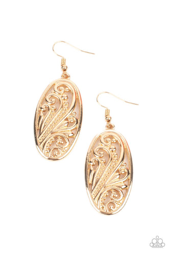 Featuring a high sheen gold finish, elegant frills and dotted designs blossom inside an oval frame create a swirling botanical allure. Earring attaches to a standard fishhook fitting.