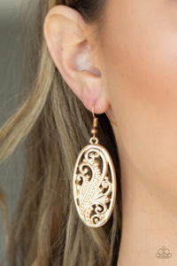 Featuring a high sheen gold finish, elegant frills and dotted designs blossom inside an oval frame create a swirling botanical allure. Earring attaches to a standard fishhook fitting.