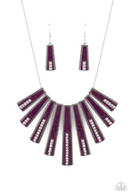 Load image into Gallery viewer, Encased in daintily dotted silver frames, a row of flared silver bars painted in a glossy purple, fans out across the collar. A column of sparkling white rhinestones rises from the bottom of each frame, creating a dramatically deco finish as they sway from a round silver chain. Features an adjustable clasp closure.
