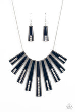 Load image into Gallery viewer, Encased in daintily dotted silver frames, a row of flared silver bars painted in a glossy Navy Blue fans out across the collar. A column of sparkling white rhinestones rises from the bottom of each frame, creating a dramatically deco finish as they sway from a round silver chain. Features an adjustable clasp closure.
