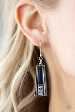 Load image into Gallery viewer, Encased in daintily dotted silver frames, a row of flared silver bars painted in a glossy Navy Blue fans out across the collar. A column of sparkling white rhinestones rises from the bottom of each frame, creating a dramatically deco finish as they sway from a round silver chain. Features an adjustable clasp closure.
