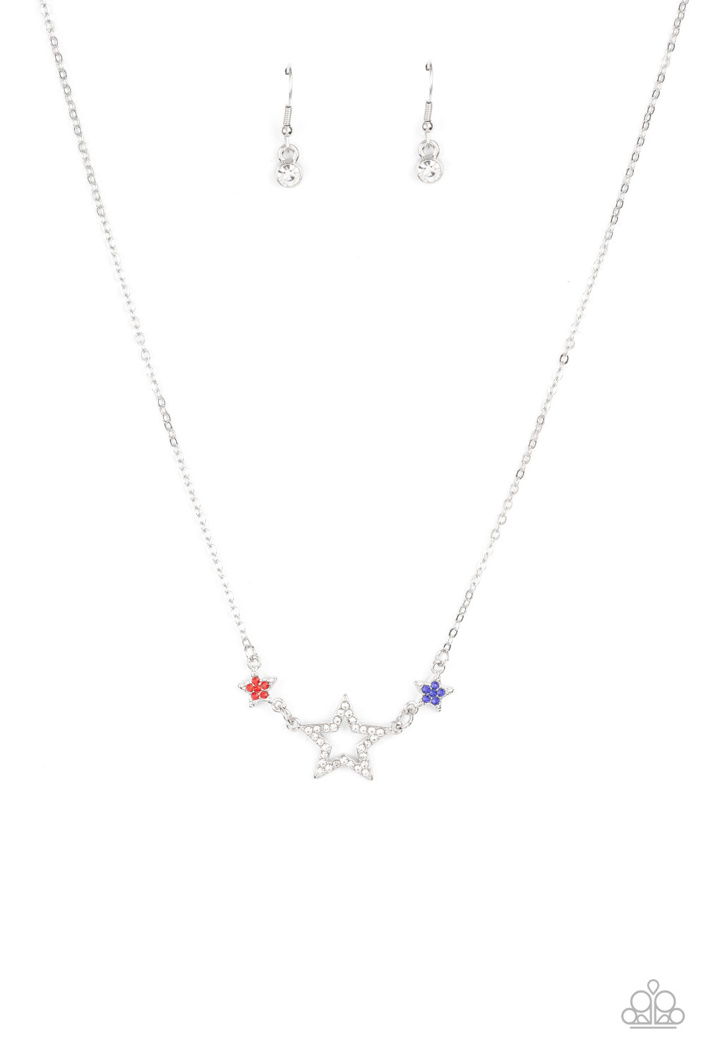 A white rhinestone encrusted silver star is flanked by two dainty blue and red rhinestone encrusted silver stars, creating a sparkly patriotic pendant below the collar. Features an adjustable clasp closure.