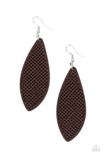 Load image into Gallery viewer, In an asymmetrical surfboard-like shape, lightweight wooden frames are painted in a deep brown finish and filled with a screen-like pattern creating a whimsically beachy design. Earring attaches to a standard fishhook fitting.
