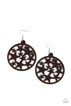 Load image into Gallery viewer, An oversized round brown wooden frame is filled with a cosmos of cut-out brown stars creating a whimsical statement. Earring attaches to a standard fishhook fitting.
