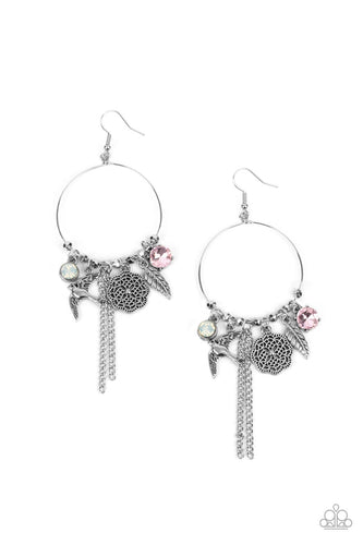 Free-spirited charms, including pink and iridescent gems, a floral medallion, a bird in flight, and a fluttering feather, dangle from a dainty silver ring coalescing into a charming lure. Earring attaches to a standard fishhook fitting.