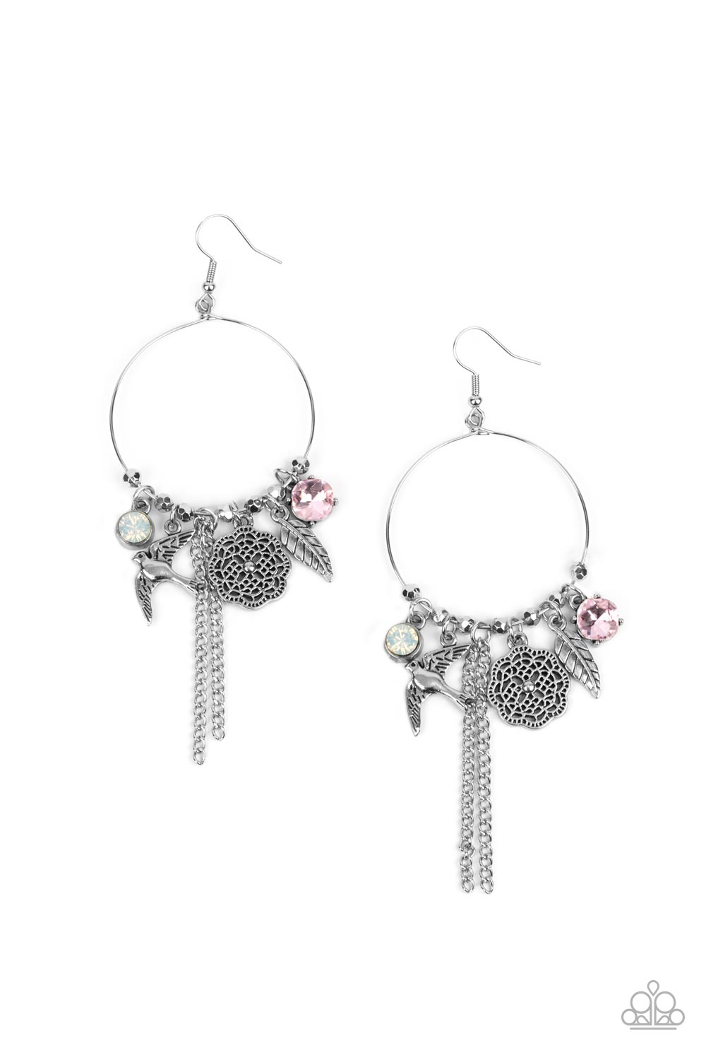 Free-spirited charms, including pink and iridescent gems, a floral medallion, a bird in flight, and a fluttering feather, dangle from a dainty silver ring coalescing into a charming lure. Earring attaches to a standard fishhook fitting.