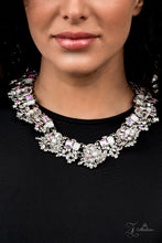 Load image into Gallery viewer, An irresistible collection of iridescent, classic white, and milky white rhinestones intentionally coalesces and stacks into opulent silver accented frames. Varying in size and cuts, the mismatched rhinestone spangled frames regally link below the collar, adding dramatic dimension to this majestic knockout with a dash of stellar 3D sparkle. Features an adjustable clasp closure. 
