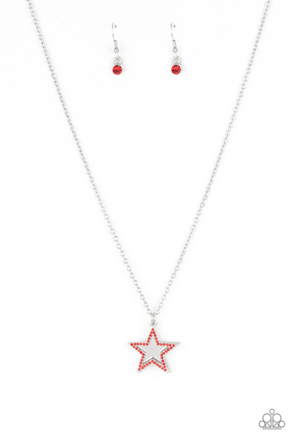 A red rhinestone encrusted silver star delicately overlaps with a shiny silver star below the collar, creating a sparkly patriotic pendant. Features an adjustable clasp closure.