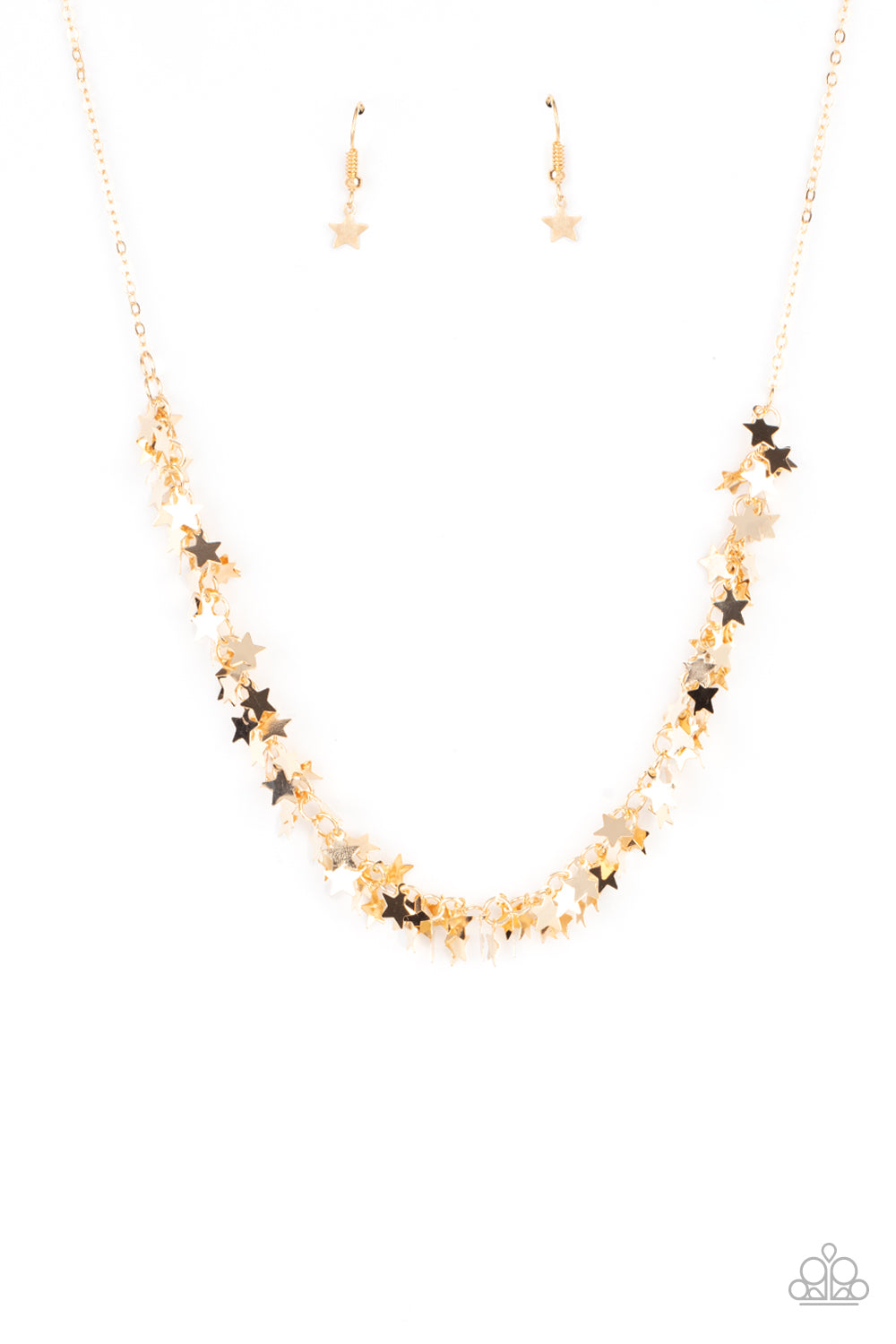 A glistening collection of dainty gold star charms delicately cluster on a classic gold chain, creating a stellar fringe below the collar. Features an adjustable clasp closure