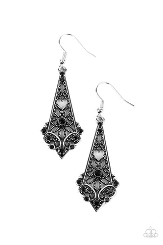 Dotted heart and flower filigree motifs permeate an elongated diamond-shaped silver frame. Dainty black rhinestones scatter across the design creating a whimsical lure. Earring attaches to a standard fishhook fitting. 