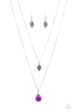 Load image into Gallery viewer, Suspended from layered silver chains, an antiqued leaf pendant gives way to a glistening Amethyst Orchid teardrop gem for a seasonal display across the chest. Features an adjustable clasp closure.
