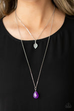 Load image into Gallery viewer, Suspended from layered silver chains, an antiqued leaf pendant gives way to a glistening Amethyst Orchid teardrop gem for a seasonal display across the chest. Features an adjustable clasp closure.
