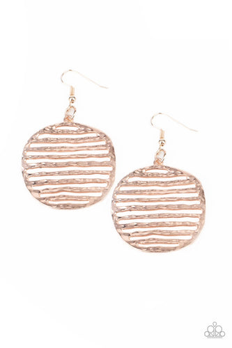 Brushed in a rose gold shimmer, lightly hammered bars stack inside an airy circular frame, creating a wavy glimmering lure. Earring attaches to a standard fishhook fitting.