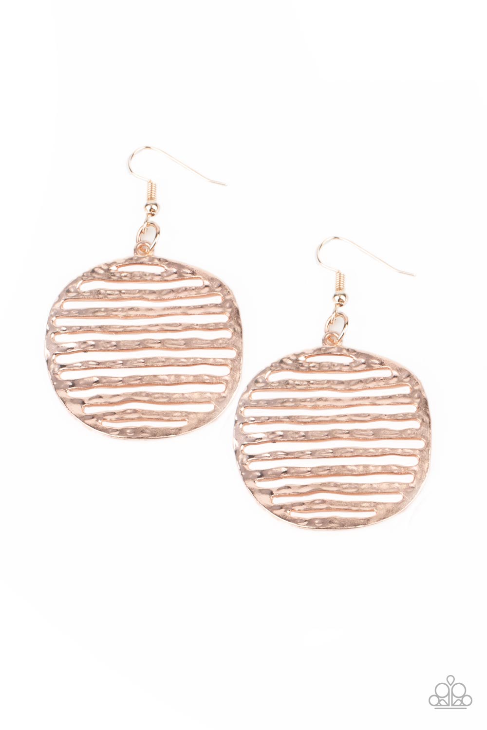 Brushed in a rose gold shimmer, lightly hammered bars stack inside an airy circular frame, creating a wavy glimmering lure. Earring attaches to a standard fishhook fitting.