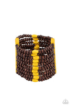 Load image into Gallery viewer, Stacked layers of round wooden beads are threaded along stretchy bands creating a free-spirited statement. Two Illuminating wooden bars connect the strands while vibrant Illuminating accent beads are lined up across the center for an island-inspired vibe. 
