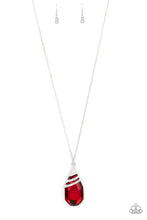 Load image into Gallery viewer, Capped in a white rhinestone encrusted fitting, glittery silver ribbons of white rhinestones delicately wrap around the top of a dramatically oversized red teardrop gem. The fiery red pendant swings from the bottom of a lengthened silver chain, creating a glamorous statement piece. Features an adjustable clasp closure.
