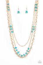 Load image into Gallery viewer, Infused with sections of refreshing turquoise stones, a trio of mismatched gold chains layer down the chest for a dash of earthy refinement. Features an adjustable clasp closure. 
