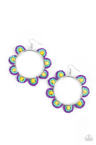 Infused with sunny yellow stone bead centers, rows of purple and turquoise seed beads are threaded along dainty wires along the outside of a shiny silver hoop for a vivacious floral look. Earring attaches to a standard fishhook fitting.