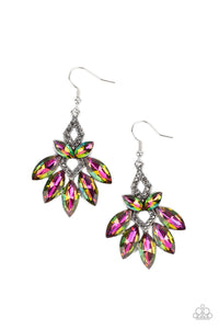 Featuring regal marquise style cuts, oversized oil spill gems fan out from smoky hematite rhinestone dotted silver frames that stack into a glamorous lure. Earring attaches to a standard fishhook fitting.  Sold as one pair of earrings.