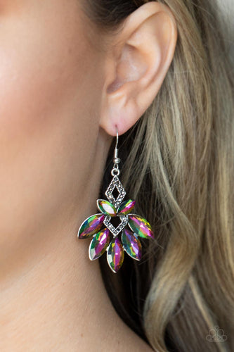 Featuring regal marquise style cuts, oversized oil spill gems fan out from smoky hematite rhinestone dotted silver frames that stack into a glamorous lure. Earring attaches to a standard fishhook fitting.  Sold as one pair of earrings.