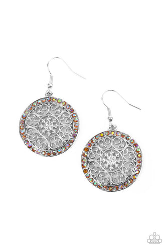 Infused with a border of iridescent orange rhinestones, studded silver heart shape filigree fans out from a decorative silver floral center for a whimsical look. Earring attaches to a standard fishhook fitting. 
