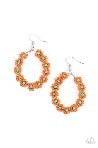 Dotted with turquoise beaded centers, a dainty collection of orange seed beaded floral frames are threaded along a wire hoop for a fabulous floral fashion. Earring attaches to a standard fishhook fitting.