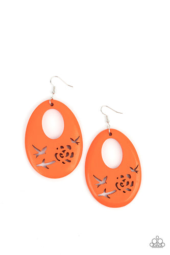 The bottom of a vivacious orange wooden teardrop frame features bird and floral cutouts, creating a whimsical centerpiece. Earring attaches to a standard fishhook fitting.