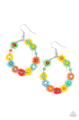 Dotted with mismatched multicolored beaded centers, a dainty collection of multicolored seed beaded floral frames are threaded along a wire hoop for a fabulous floral fashion. Earring attaches to a standard fishhook fitting.