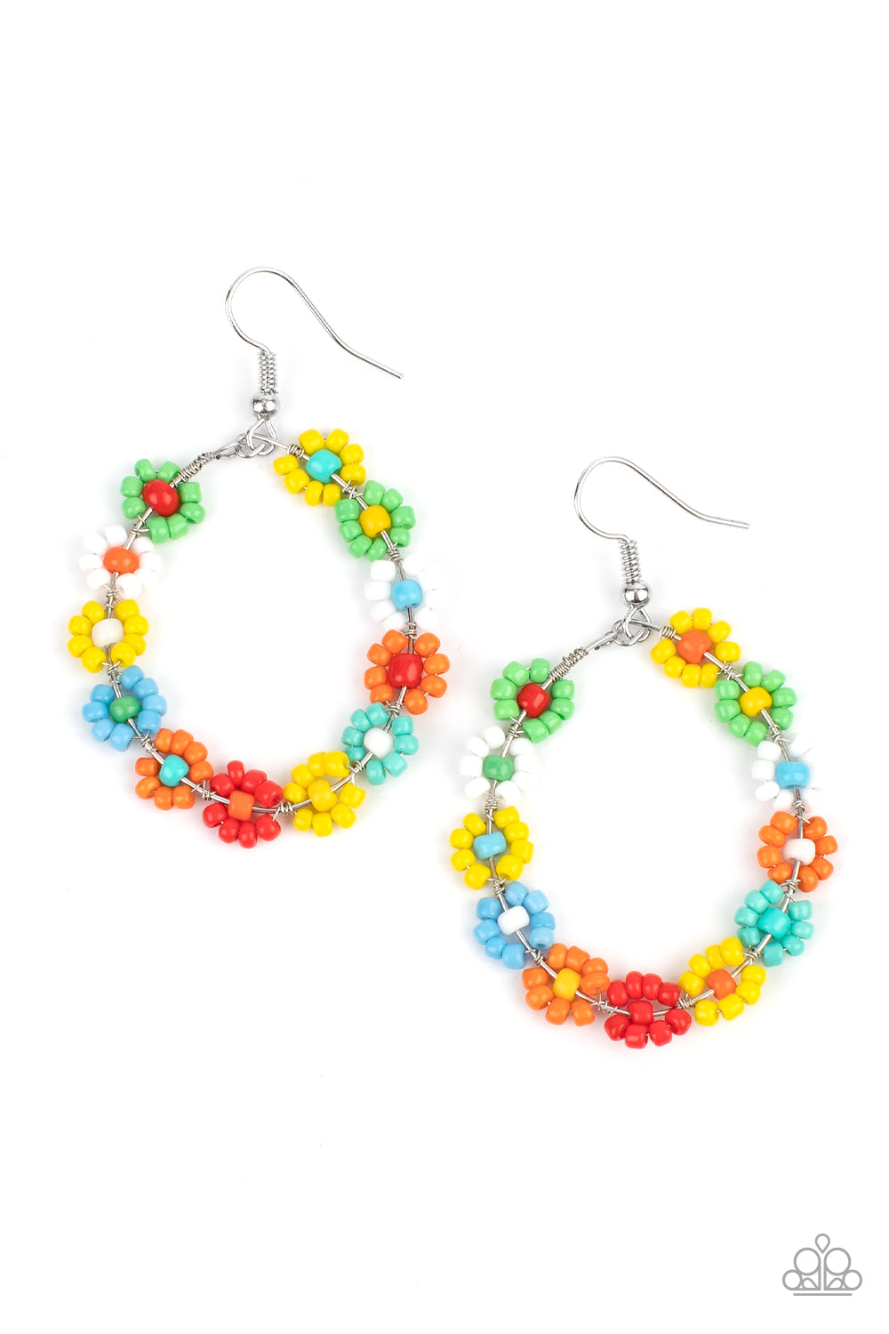 Dotted with mismatched multicolored beaded centers, a dainty collection of multicolored seed beaded floral frames are threaded along a wire hoop for a fabulous floral fashion. Earring attaches to a standard fishhook fitting.