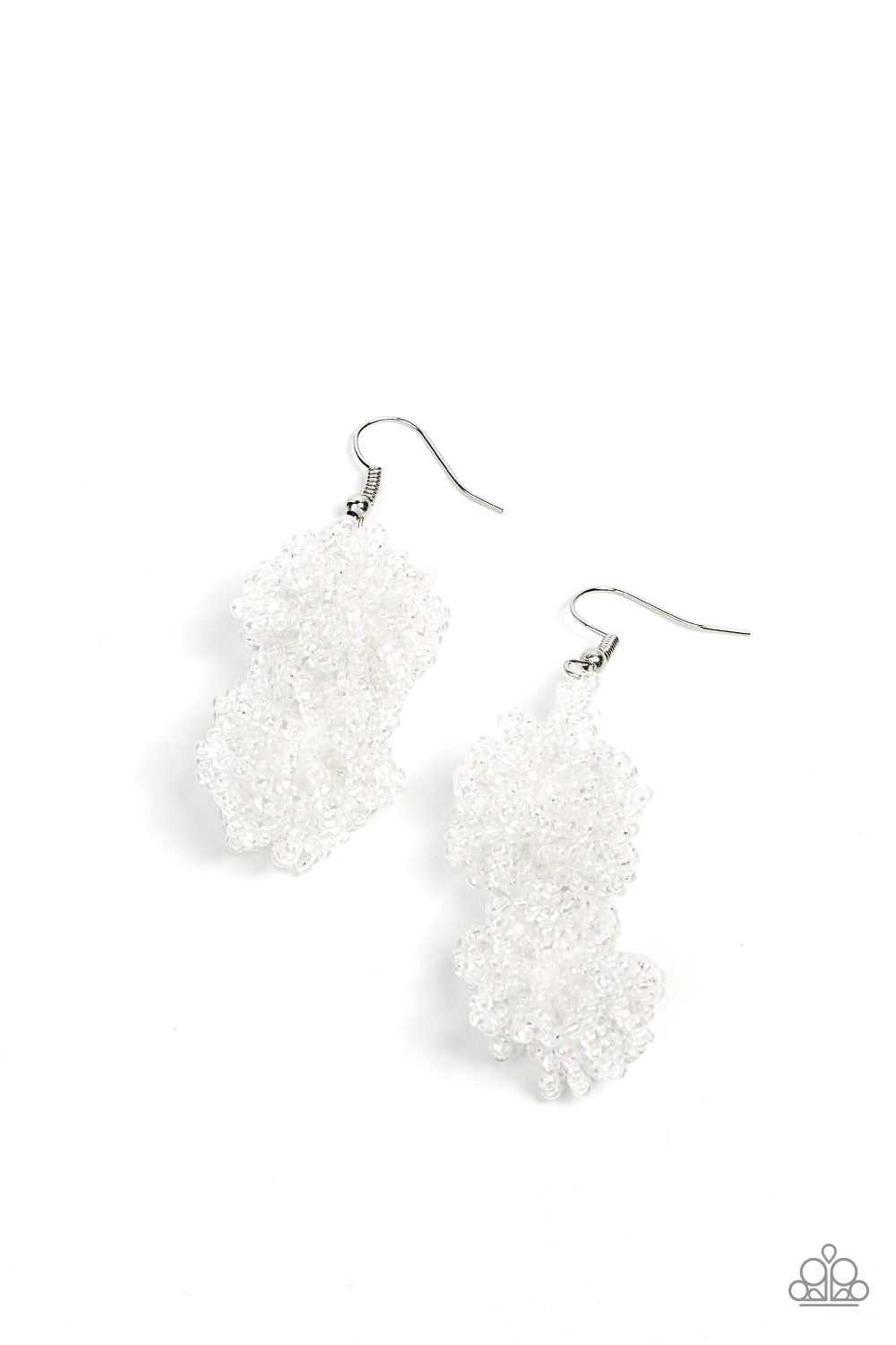 Strands of iridescent seed beads delicately knot into an elegantly clustered lure, creating a stellar modern look. Earring attaches to a standard fishhook fitting.