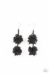 Strands of shiny black seed beads delicately knot into an elegantly clustered lure, creating a stellar modern look. Earring attaches to a standard fishhook fitting. 