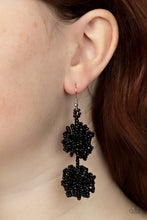Load image into Gallery viewer, Strands of shiny black seed beads delicately knot into an elegantly clustered lure, creating a stellar modern look. Earring attaches to a standard fishhook fitting. 
