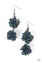 Load image into Gallery viewer, Strands of oil spill seed beads delicately knot into an elegantly clustered lure, creating a stellar modern look. Earring attaches to a standard fishhook fitting.
